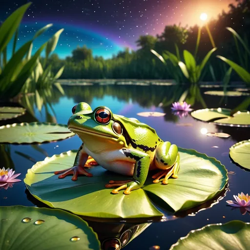 Prompt: A dreamy nighttime scene where a rainbow frog sits on a lily pad in a pond.
 The water is dotted with dark chocolate lilies that glow softly. 

The sky above is filled with glittering stars, creating a magical and enchanting atmosphere.

4k, hyper detailed, expressive, beautiful, golden ratio, symmetric, precise, perfect proportions, complementary colors, UHD, HDR, top quality artwork, beautiful detailed background, unreal 5, artstation, deviantart, instagram, professional, 16k