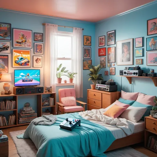 Prompt: A cozy vintage bedroom filled with retro video game consoles and memorabilia.

 The room has pastel blue walls, and a woman is engrossed in a classic game, surrounded by nostalgic toys and posters of her favorite YouTube crushes.

8K --s99500, artstation, crystal clear. 