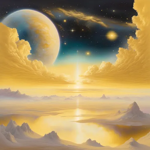 Prompt: Highly detailed ethereal skies and cosmic vistas.

Pastel yellow and golden.