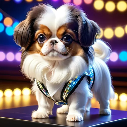Prompt: A anime-style Japanese Chin puppy dressed in an ABBA-inspired costume. 

The puppy has sparkling eyes and is set against a stage with disco lights, capturing the energetic and playful spirit of ABBA.

8K --s99500, artstation, crystal clear, masterpiece, stunning quality, 64K, HDR, UHD