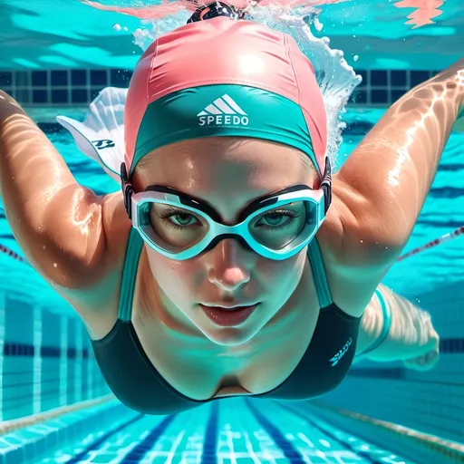 Prompt: A gorgeous competitive swimmer woman in a lap swimming pool, wearing a teal swim cap and speedo goggles, diving into a pool with pastel pink water.

Artstation, ultra quality.