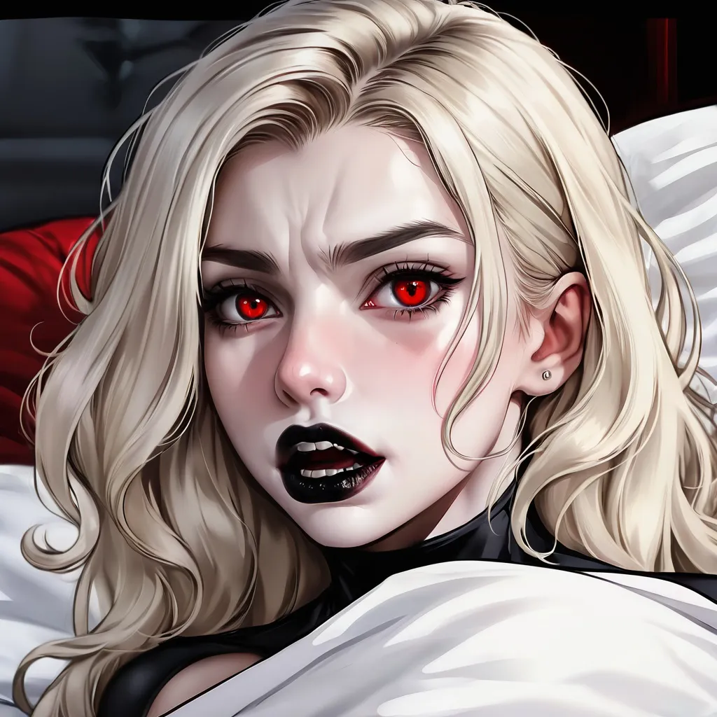 Prompt: Beautiful platinum blonde woman,  depressed, stressed, black lipstick, laying in bed, unrequited love, red eyes, insomnia, wide awake, eye open wide, vampire fangs, 8k