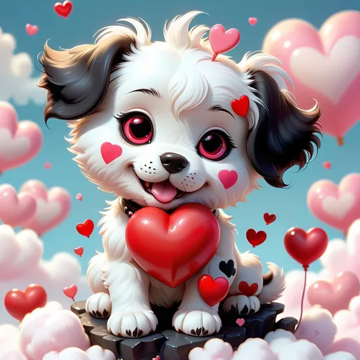 Prompt: In a whimsical realm, a Kawaii heart puppy graces the scene, its petite form adorned with red and pink hearts that demand attention. Small black eyes exude innocence. A gentle smile curves on its small, round face. The puppy playfully clutches a miniature heart-shaped treasure, radiating an aura of adorableness that even Kawaii lovers couldn't resist. Drawing inspiration from the styles of Gerald Brom and Michael Whelan. this Kawaii puppy frolics, perched on a fluffy cloud, captivating hearts with its black gemstonelike eyes and sweet demeanor. A miniature plush toy in the shape of a heart completes the scene, 8k