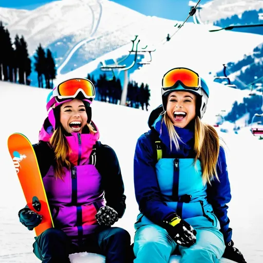 Prompt: ski gondolas at a beautiful snowy ski resort, two beautiful young women snowboarders are sitting in one of the gondolas laughing