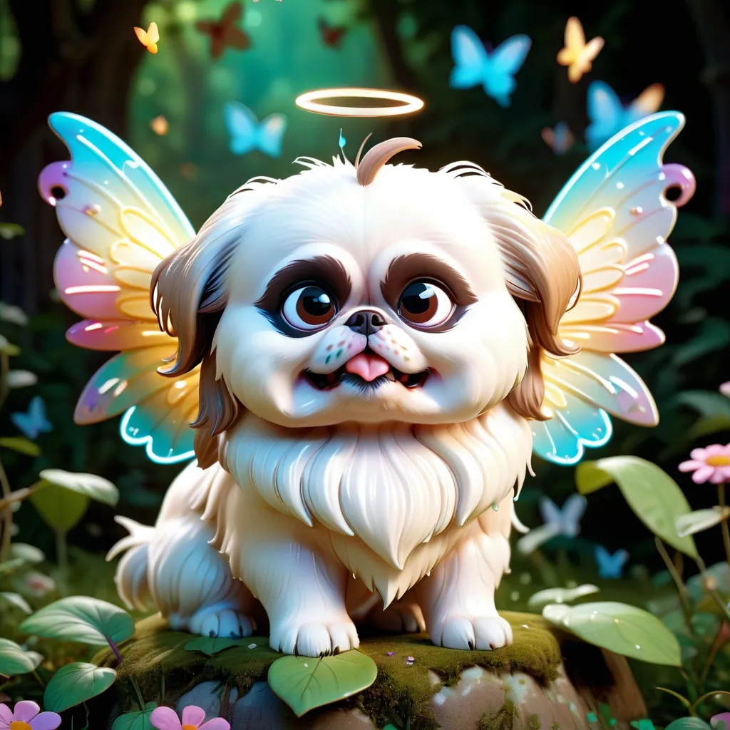 Prompt: Super cute baby cream & white Pekingese with fairy wings, 3d character, amazing colors, skottie young, 3d blender render, pop surrealism, physically based rendering, square image, hyperdetailed, adorable
