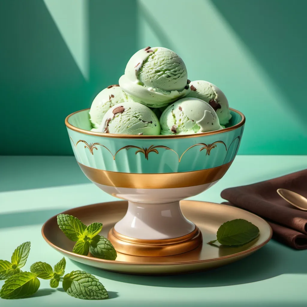 Prompt: A whimsical still life featuring a bowl of mint chocolate chip ice cream with soft shadows and light reflecting off a vintage-style, delicately painted porcelain bowl.

4k, expressive, beautiful, golden ratio, symmetric, precise, perfect proportions, complementary colors, UHD, HDR, top quality artwork, beautiful detailed background, unreal 5, artstation, deviantart, instagram, professional, 16k