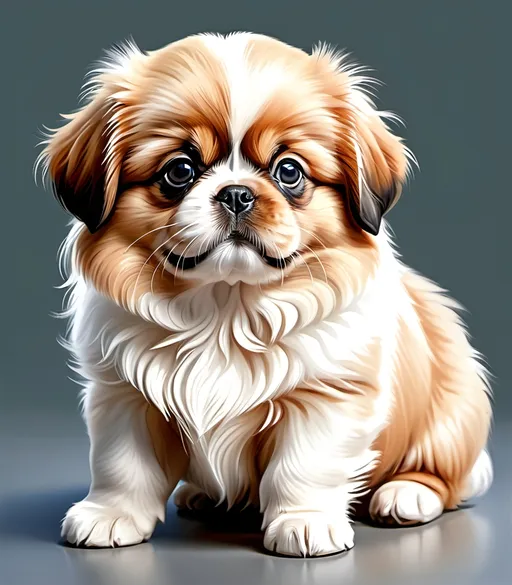 Prompt: High-definition, realistic illustration of a red and white Pekingese puppy.