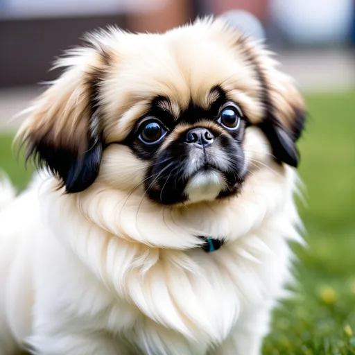 Prompt: An adorable Pekingese puppy. 

White with cream spots.

daytime, outside, looking at the camera, dslr, ultra quality, sharp focus, tack sharp, dof, film grain, Fujifilm XT3, crystal clear, 8K UHD, highly detailed glossy eyes