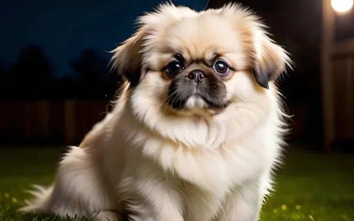 Prompt: Beautiful Pekingese puppy, white fur, cream ears, large dark brown eyes, night time country backyard background, gorgeous moonlight, adorable, high quality, soft lighting, cute.