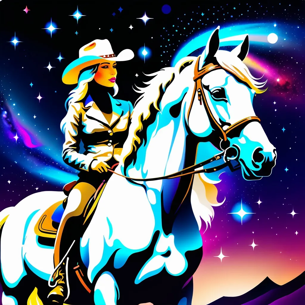Prompt: Abstract galaxy art with a beautiful white horse wearing a cowgirl hat.

Surreal, high quality, highres.