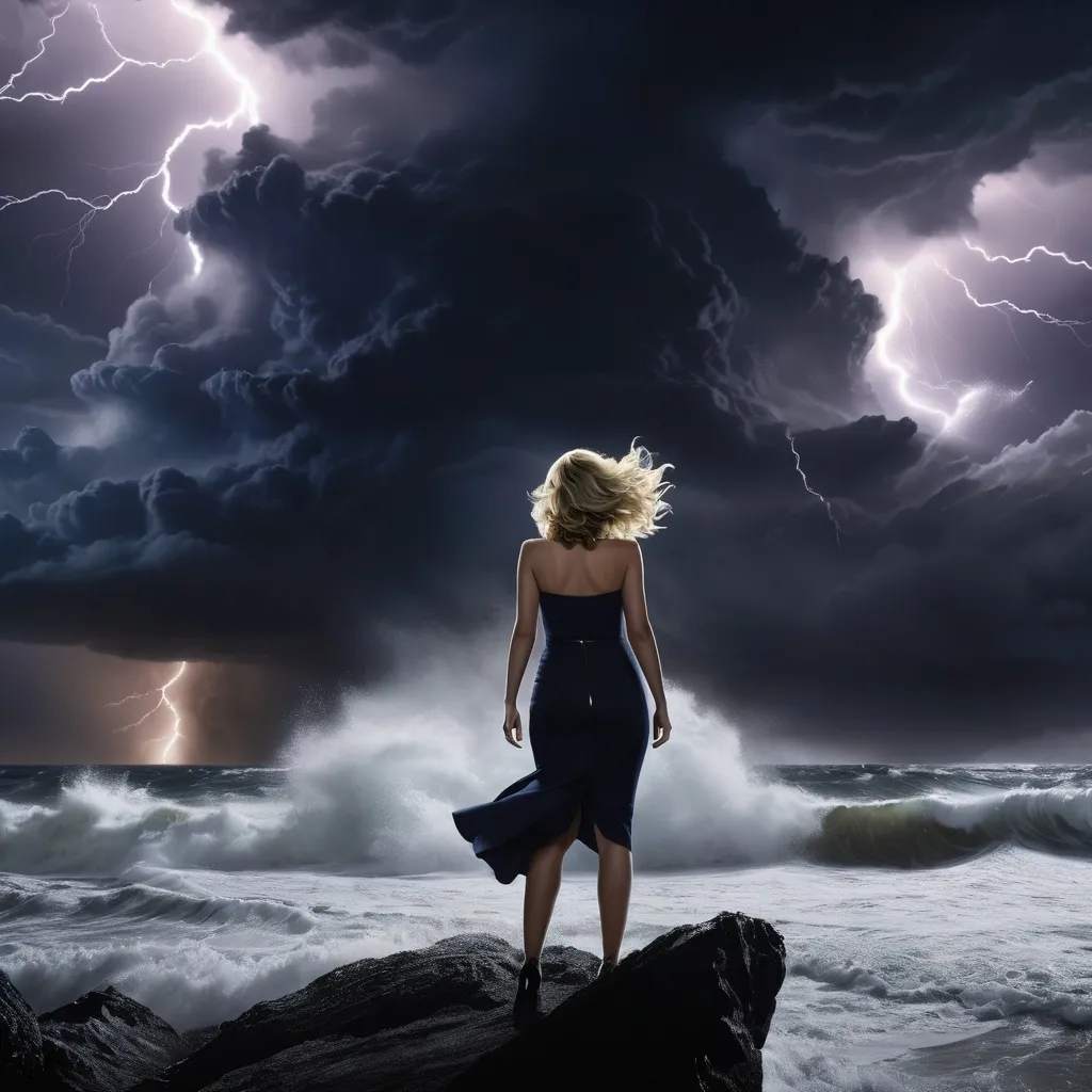 Prompt: Visualize a tumultuous scene where the platinum blonde female protagonist and their male partner stand at the center of a raging storm, symbolizing the chaos unleashed by the presence of the crazy ex-girlfriend. Dark clouds swirl overhead, and bolts of lightning illuminate the sky, casting an ominous glow over the landscape.

In the midst of the storm, the crazy ex-girlfriend manifests as a tempestuous force of nature, her fury palpable in the howling winds and crashing waves. She appears as a shadowy figure, looming ominously in the distance, her presence casting a dark shadow over the female protagonist and their relationship.

High quality, highres, perfect, beautiful
