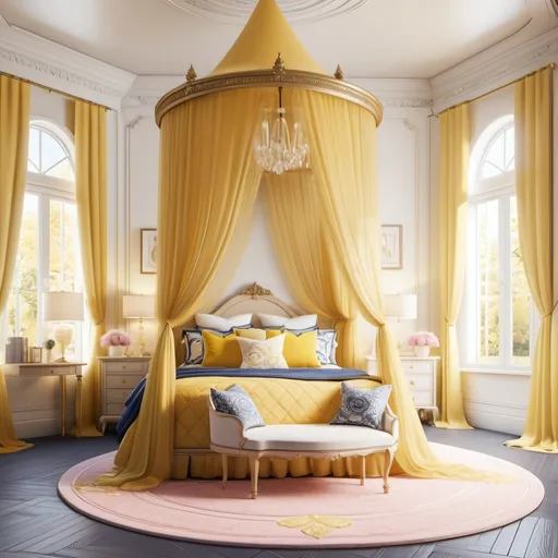 Prompt: A females bedroom with a gold canopy bed with palace style bed netting canopy in pastel yellow.

The walls are white.

The canopy bed was an antique rose quilt on it with yellow and navy blue pillows.

white carpet, fluffy yellow rug. 

The bedroom has a white and cream Pekingese dog. 

High quality, unreal engine. 