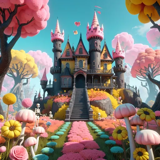 Prompt: A wonderland. Spooky cute elements like haunted castles, ghostly flowers, and friendly skeletons, all in a vibrant, pastel color palette with lots of pinks and yellows.

hyper realistic, 8K --s99500, unreal engine, crystal clear, perfect. 
