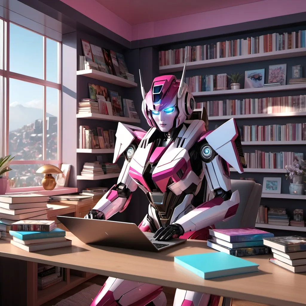 Prompt:  Transformer Elita-1 is engrossed in her laptop, surrounded by various books and notebooks. 

The room should have a mix of futuristic and pastel elements, highlighting her creative and tech-savvy side.

8K --s99500, artstation, crystal clear, masterpiece, stunning quality, 64K, HDR, UHD