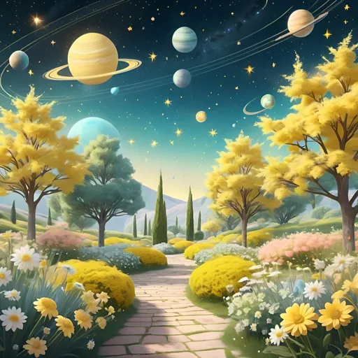 Prompt: Celestial garden with pastel yellow stars and planets, serene scene, high quality, Artstation, orbiting celestial bodies, detailed garden, peaceful atmosphere, soft pastel colors, fantasy art, celestial, tranquil ambiance