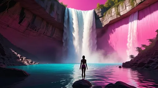 Prompt: A woman standing at the edge of a majestic waterfall, her silhouette outlined against the vibrant hues of a neon pink sky. With determination in her eyes and adrenaline coursing through her veins, she takes a daring leap into the abyss below.

Capture the moment of exhilaration and freedom as she plunges into the neon pink ocean, the water shimmering with otherworldly brilliance. Each droplet glistens like liquid gemstones, reflecting the surreal beauty of the scene.

Unreal engine, crystal clear, high quality, hyper realistic, 8K --s99500

