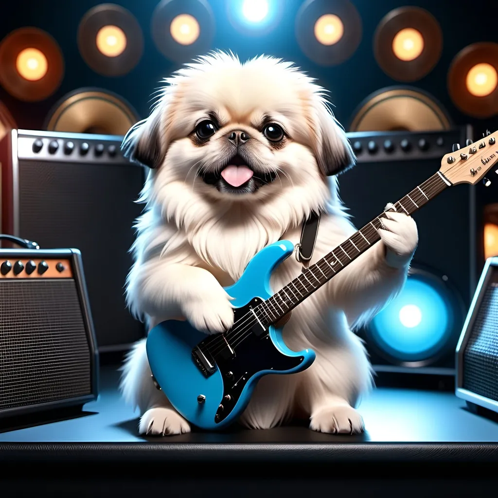 Prompt: A 3D adorable white Pekingese dog in a prog metal band setting, surrounded by electric guitars and amplifiers, with cosmic energy swirling around.

High quality. Unreal Engine. 
