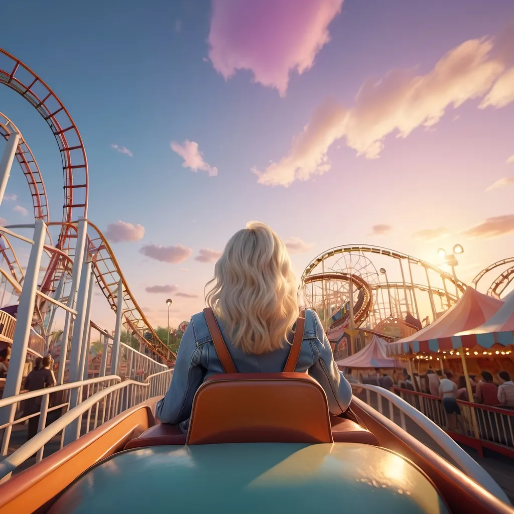 Prompt: A vintage roller coaster ride at dusk. 

The woman, with white blonde hair, is enjoying the thrill, surrounded by pastel skies and a carnival atmosphere.

8K --s99500, unreal engine, crystal clear. 