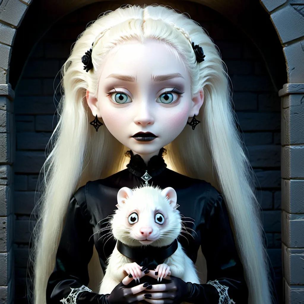 Prompt: Platinum blonde gothic woman holding a white ferret, gothic style, ethereal, high quality, detailed, gothic fashion, pale complexion, dramatic makeup, dark attire, mysterious atmosphere, atmospheric lighting, elegant, detailed hair, haunting gaze, delicate features, ethereal pet, best quality, detailed, gothic, elegant, atmospheric lighting, pale complexion