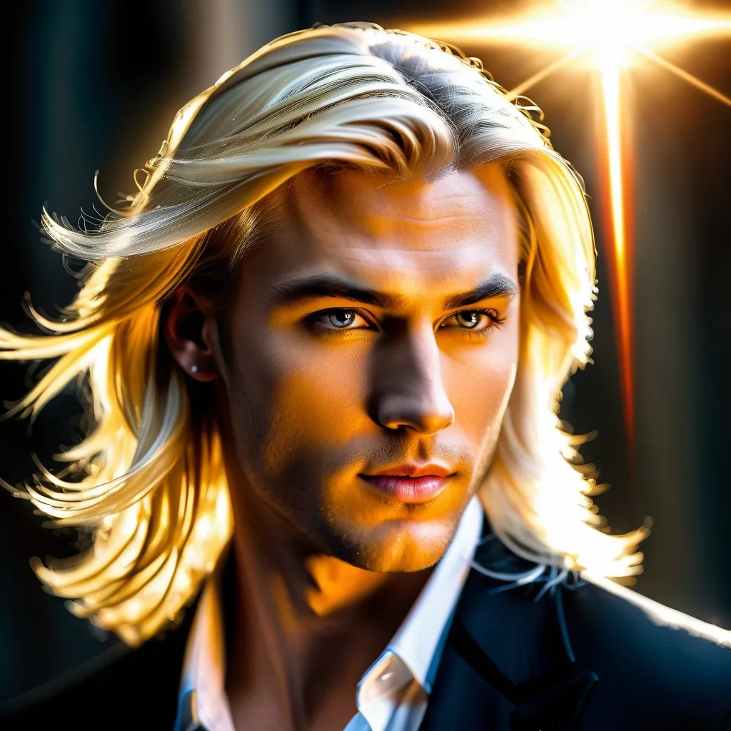Prompt: Create a captivating portrait capturing the essence of a sadistic yet captivating archangel. Picture a stunningly beautiful man with flowing blonde hair, his piercing gaze conveying a mixture of allure and menace.

High quality, highres, bright lighting, glowing