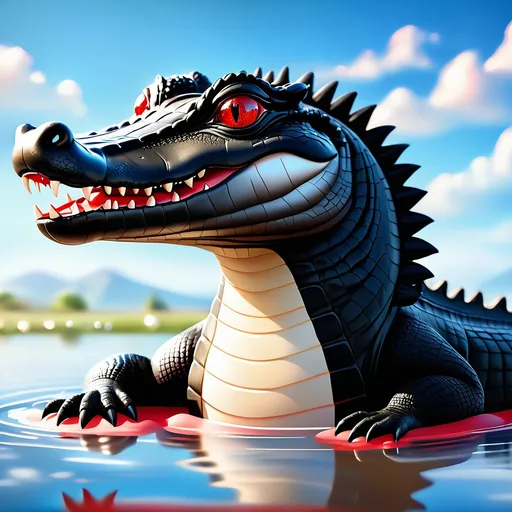 Prompt: Highly realistic of a black crocodile with red eyes,cute,,pretty eyes,Adorable,happy,playing,masterpiece,epic,soft lighting,fancy,highly detailed,creamy mood,blue sky,calm,ultra-fine detailed,aesthetic,ilustration,artstation