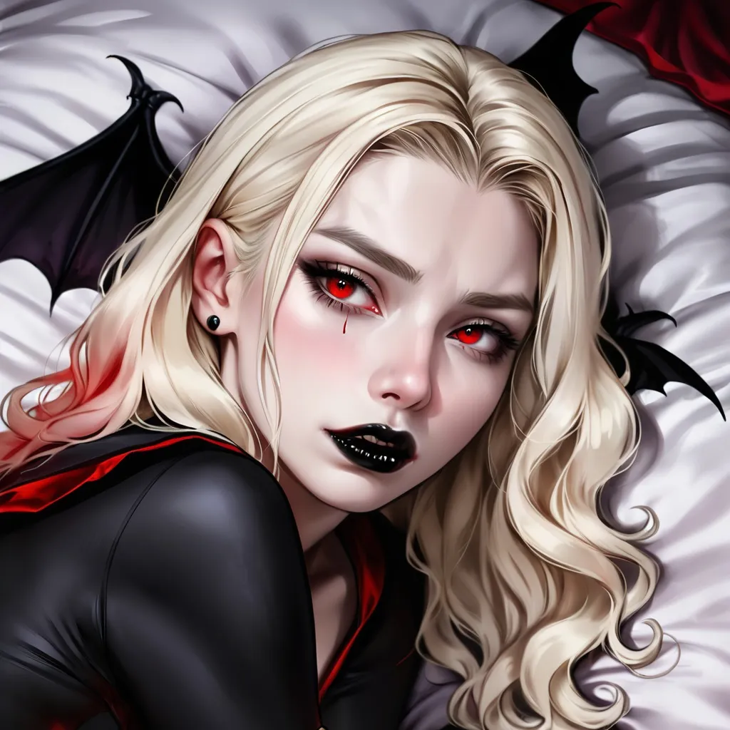 Prompt: Beautiful platinum blonde woman,  depressed, black lipstick, laying in bed, unrequited love, red eyes, insomnia, wide awake, eyes open, black silk sheets, vampire bite, vampire fangs, 8k