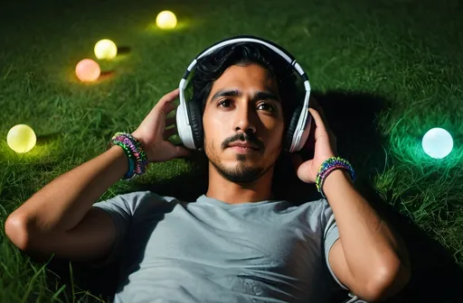 Prompt: Dev Patel lying on a grassy hill, stargazing while wearing headphones playing trance music, surrounded by glowing kandi rave bracelets.

outside, looking at the camera, dslr, ultra quality, sharp focus, tack sharp, dof, film grain, Fujifilm XT3, crystal clear, 8K UHD, highly detailed glossy eyes, high detailed skin, skin pores, realistic