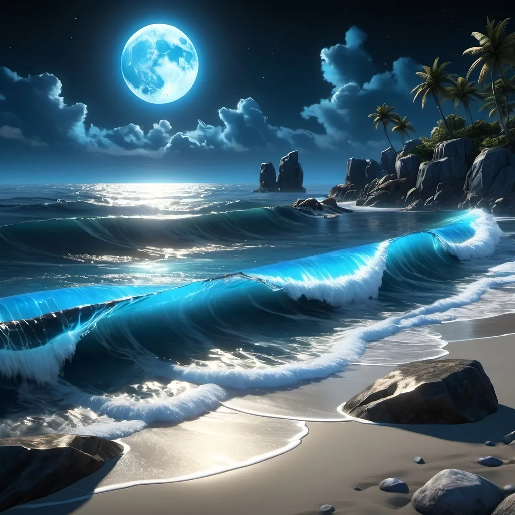 Prompt: A moonlit shore where waves whisper secrets of the deep. Picture an ocean aglow with bioluminescence, painting waves in hues of azure and cobalt. 

Let the vivid blues guide your imagination, revealing hidden stories and mysteries beneath the surface. Embark on a journey to capture the essence of azure blue luminescence.

hyper realistic, 8K --s99500, unreal engine, crystal clear. 