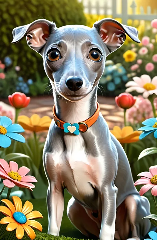 Prompt: Imagine a retro-style illustration featuring an adorable grey Italian Greyhound puppy with large, sparkling eyes. 

Surrounding the vintage, 1960's art style puppy is a vibrant, whimsical garden full of blooming flowers. A tiny bluebird flutters nearby.

hyper realistic, 8K --s99500, unreal engine, crystal clear. 