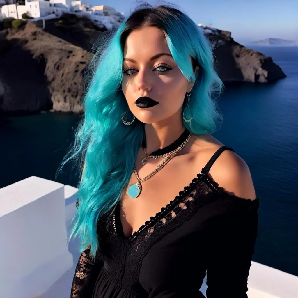 Prompt: <mymodel>Portrait of a gorgeous  goth woman with tiffany blue hair standing by the Aegean Sea in Santorini, Greece.

Black gothic dress.

Black lipstick, black eyeliner

8K, highquality.