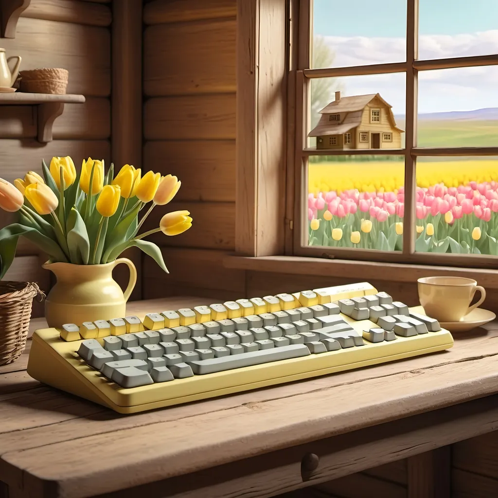 Prompt: A pastel yellow typing keyboard set on a rustic wooden table in a Little House on the Prairie environment, with tulips blooming in the background.

Highres, artstation, perfect.