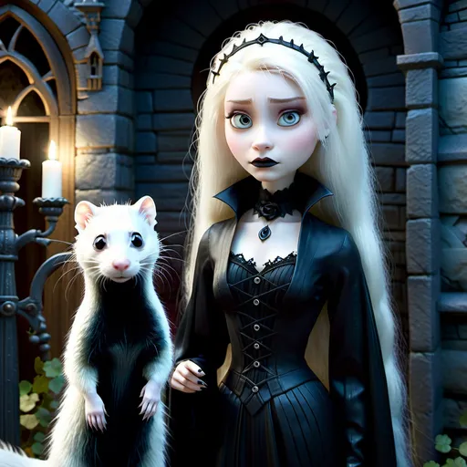 Prompt: Platinum blonde gothic woman standing by a white ferret, gothic style, ethereal, high quality, detailed, gothic fashion, pale complexion, dramatic makeup, dark attire, mysterious atmosphere, atmospheric lighting, elegant, detailed hair, haunting gaze, delicate features, ethereal pet, best quality, detailed, gothic, elegant, atmospheric lighting, pale complexion