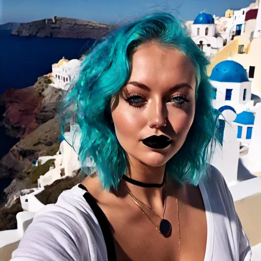 Prompt: <mymodel>Portrait of a gorgeous  goth woman with tiffany blue hair standing in Santorini, Greece

Black lipstick, black eyeliner

8K, highquality.