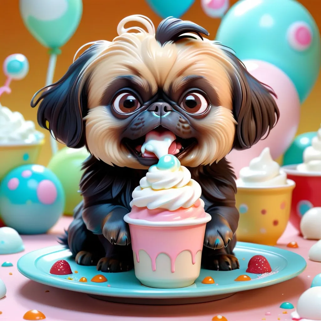 Prompt: Super cute baby black & tan Pekingese, eating whipped cream, whimsical fantasy setting, 3d character, amazing colors, skottie young, 3d blender render, pop surrealism, physically based rendering, square image, hyperdetailed, adorable