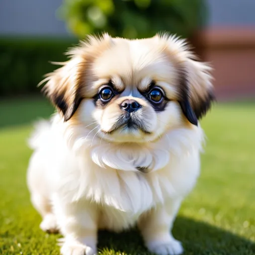 Prompt: An adorable Pekingese puppy. 

White with cream spots.

daytime, outside, looking at the camera, dslr, ultra quality, sharp focus, tack sharp, dof, film grain, Fujifilm XT3, crystal clear, 8K UHD, highly detailed glossy eyes