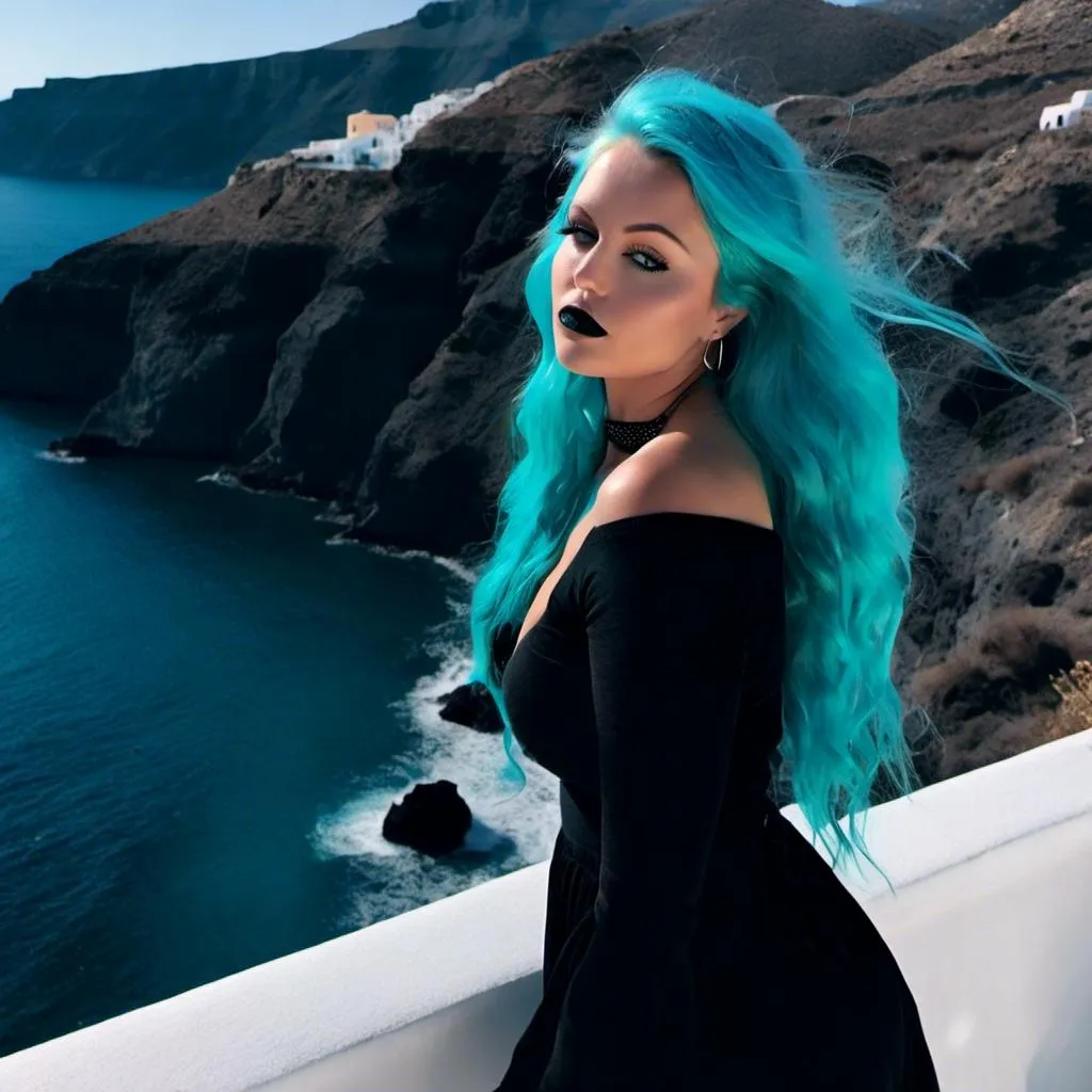 Prompt: <mymodel>Portrait of a gorgeous  goth woman with tiffany blue hair standing by the Aegean Sea in Santorini, Greece.

Black gothic dress.

Black lipstick, black eyeliner

8K, highquality.