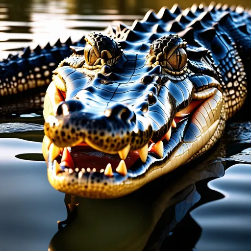 Prompt: An awe-inspiring, ultra-detailed 3D illustration of a saltwater crocodile captured in the golden hour, its magnificent eyes radiating a captivating beauty. Utilize a DSLR camera to meticulously capture every intricate detail, producing a dynamic portrait that exudes an epic aesthetic. Employ HDR and long shot techniques to enhance realism and depth, resulting in a masterpiece of unparalleled quality and resolution, worthy of admiration as a true work of art.