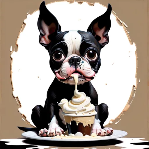 Prompt: "wabi sabi, minimalist tattered stuffed lovely funny Boston Terrier puppy, the Boston Terrier is eating whipped cream ,jon klassen and rebecca sugar style, oil painting