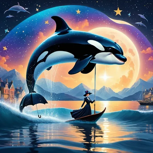 Prompt: An orca whale swimming under Mary Poppins as she floats with her umbrella, both surrounded by a starry, glittering sky.

 64k, hyper detailed, expressive, beautiful, golden ratio, symmetric, precise, perfect proportions, complementary colors, UHD, HDR, top quality artwork, beautiful detailed background, unreal 5, artstation, deviantart, instagram, professional, 16k