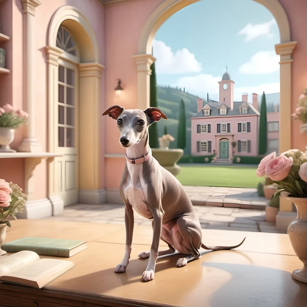 Prompt: A pastel-colored scene featuring an Italian Greyhound in a vintage, storybook-inspired setting.

 The background includes elements of Jane Austen's world.

8K --s99500, unreal engine, crystal clear. 