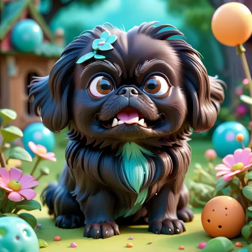 Prompt: Super cute baby black Pekingese, whimsical fantasy setting, 3d character, amazing colors, skottie young, 3d blender render, pop surrealism, physically based rendering, square image, hyperdetailed, adorable