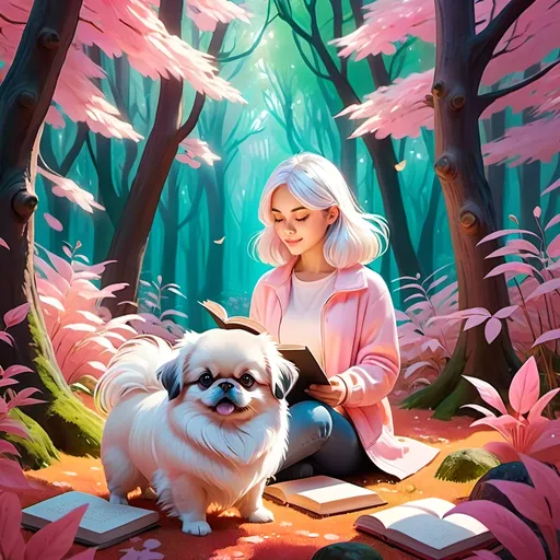 Prompt: A female writer with white hair in a vibrant, magical forest by a pastel pink Pekingese, their creativity inspired by the lively environment

Highres, artstation, perfect.