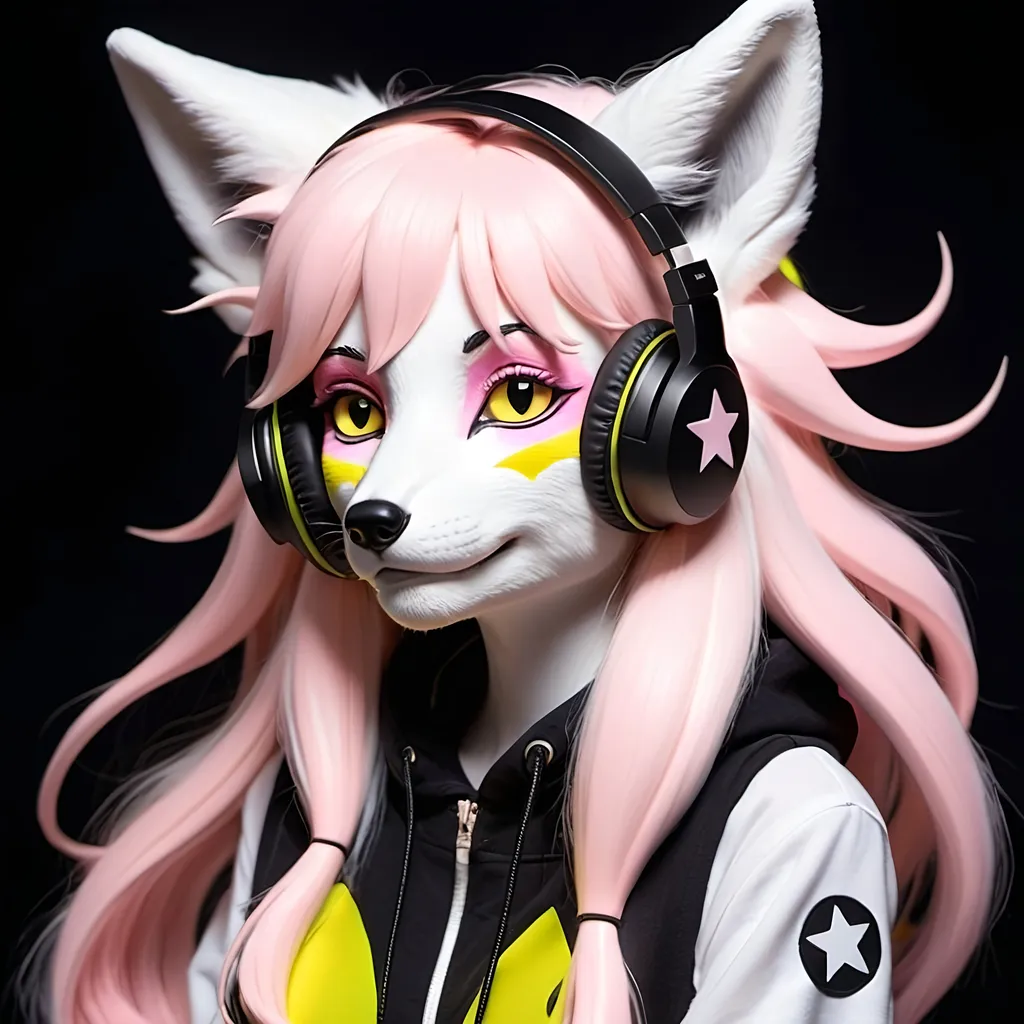 Prompt:  anthro, kitsune fox, pastel pink and yellow fur, judgmental expression, long flowing white hair, silver grey eyes, star-shaped pupils, rave attire, headphones.

Black background.

best quality, masterpiece.