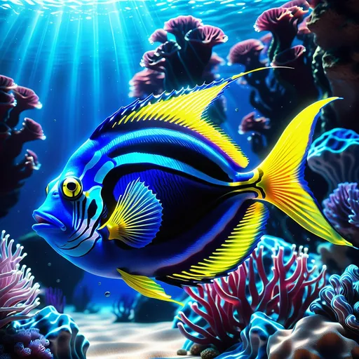 Prompt: Glowing Blue Tang fish with a stunning ocean background.  Bright lighting. 3D render. Neon colors, highres