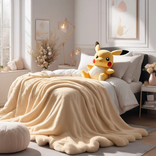 Prompt: <mymodel><mymodel>Picture a cozy bedroom bathed in warm, golden light, adorned with soft pastel colors and plush furnishings. In the center of this inviting space stands a stunning pale woman with pastel yellow hair, radiating warmth and joy. She holds a Pikachu plush toy close to her heart, a symbol of nostalgia and companionship. With a gentle smile on her lips and a twinkle in her eye, she exudes a sense of comfort and contentment. Surround her with elements of coziness, such as fluffy blankets, oversized pillows, and soft ambient lighting, capturing the feeling of warmth and serenity in this setting.