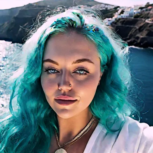 Prompt: <mymodel>Portrait of a gorgeous woman with tiffany blue hair, soft pale cheeks,{Santorini, Greece background}

8K, highquality.