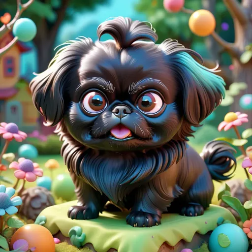 Prompt: Super cute baby black Pekingese, whimsical fantasy setting, 3d character, amazing colors, skottie young, 3d blender render, pop surrealism, physically based rendering, square image, hyperdetailed, adorable