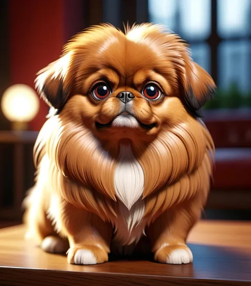 Prompt: 3d fluffy red Pekingese dog, cute, big eyes, Pixar Render, unreal engine cinematic smooth, intricate detail, high resolution. Golden lighting. Backlit