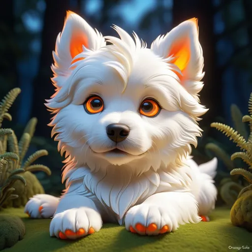 Prompt: half side, wide view, 7 "white puppy with orange paws massive fat baby white puppy with orange and white ears, (by orange soda) glowing, realistic, spiked hair, fluffy, silky, furry, backlit, warm tones, night-sky, moss, indigo, cream, coral, bone-white, photorealistic eyes, : ornate, dynamic, particulate, intricate, elegant, highly detailed, centered, artstation, airbrush, acrylic on paper, volumetric lighting, occlusion, smooth, sharp focus, 128K UHD octane render, w more detail.