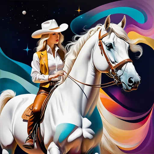 Prompt: Abstract art with a beautiful white horse with a cowboy hat. 

Surreal, high quality, highres.